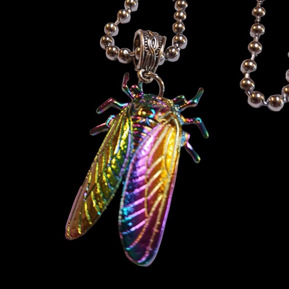 Handcrafted Rainbow Cicada Charm Necklace – Unisex 18" Ball Chain - Picture 5 of 10